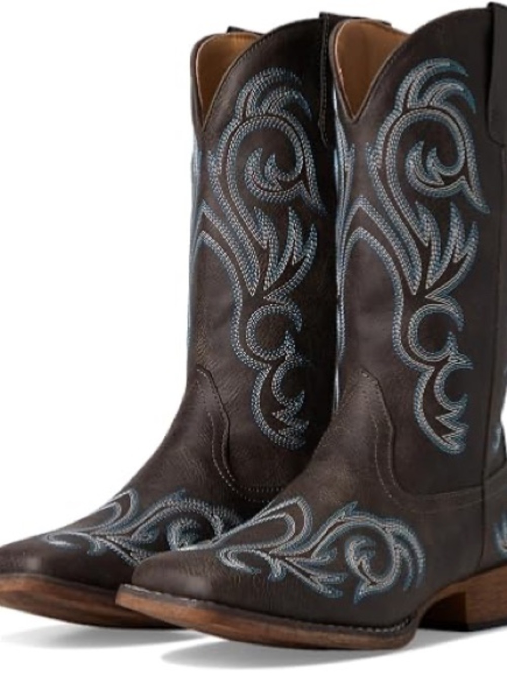 Brown Leather Western Boots with Blue Embroidery